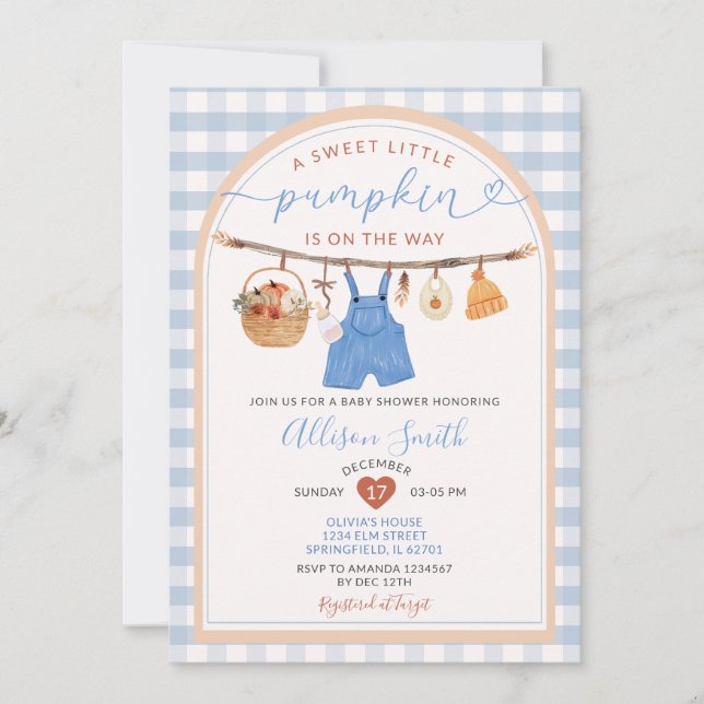 Invitación Ropa de calabaza en otoño Gingham Baby Shower (Anverso)