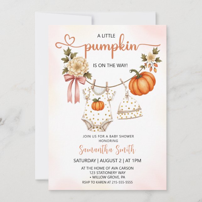 Invitación Ropa de calabaza pequeña Chica Ducha de bebé (Anverso)