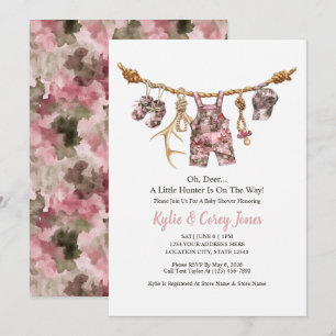 Invitación Ropa de Caza Camuflaje Rosa para Baby Shower de Ni