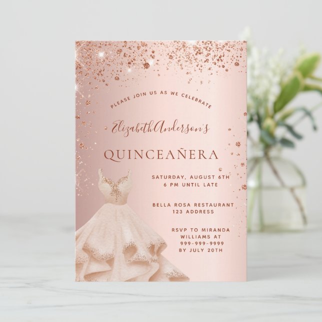 Invitación Ropa de chispas rosadas de oro rosa Quinceanera (Anverso de pie)
