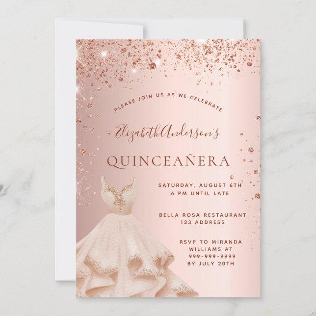 Invitación Ropa de chispas rosadas de oro rosa Quinceanera (Anverso)