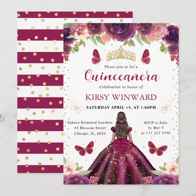 Invitación Ropa de ciruelas oscuras Princesa Quinceanera (Anverso / Reverso)