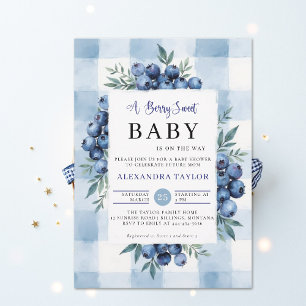 Invitación Ropa de cuadros dulce a las bayas Azul bebé Shower