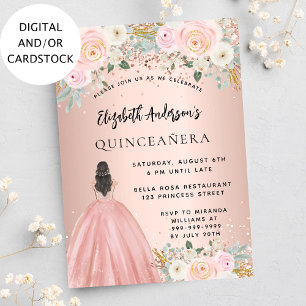 Invitación Ropa de flores de oro rosa de Quinceanera