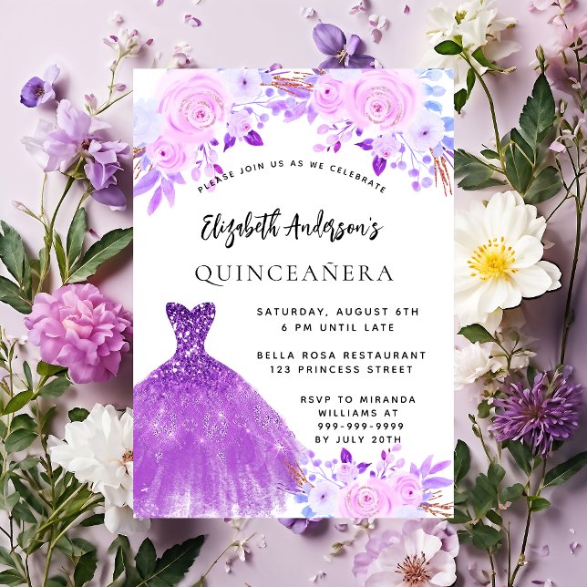 Invitación Ropa de flores púrpura rosa Quinceanera (Subido por el creador)