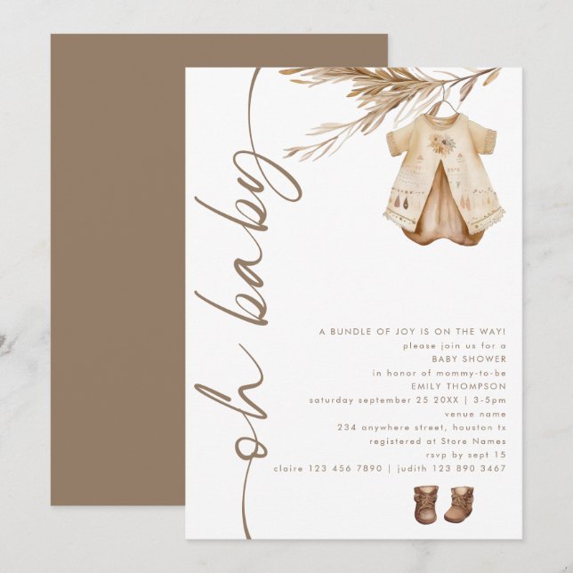 Invitación Ropa De Guión Rotada De Boho Oh Baby Shower (Anverso / Reverso)