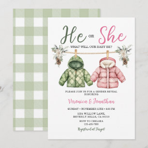 Invitación Ropa de invierno linda él o ella Revelación de gén