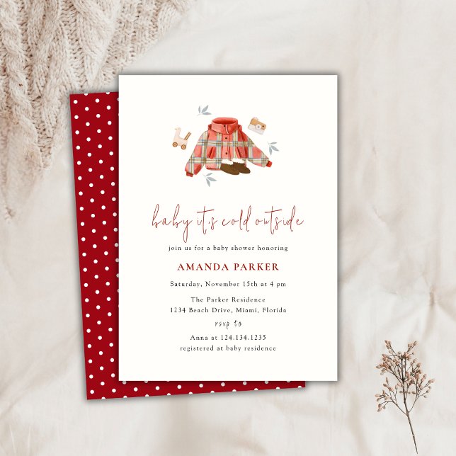 Invitación Ropa de invierno neutra de género rojo Baby Shower (Red Gender Neutral Winter Clothes Baby Shower Invitation)