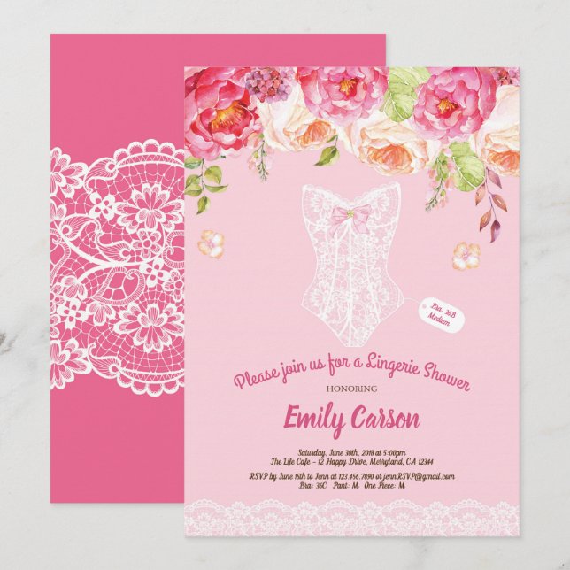 Invitación Ropa de lencería rosa y blanca con ducha de novia (Anverso / Reverso)