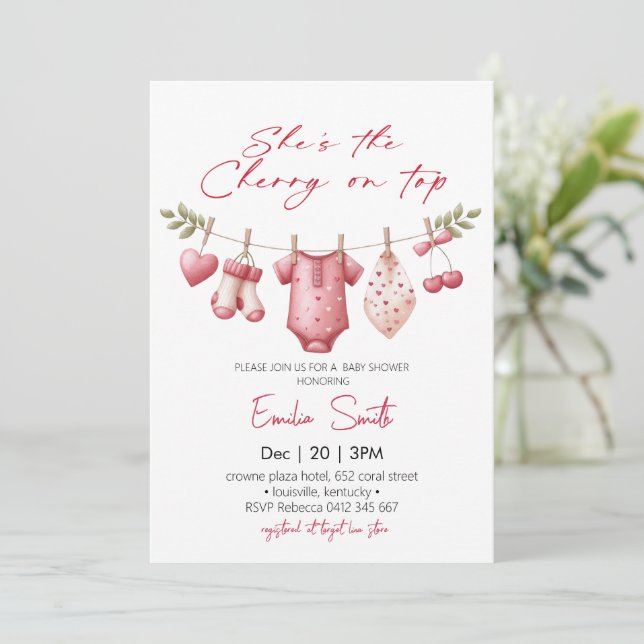 Invitación Ropa de línea Cherry on Top  Baby Shower (Anverso de pie)
