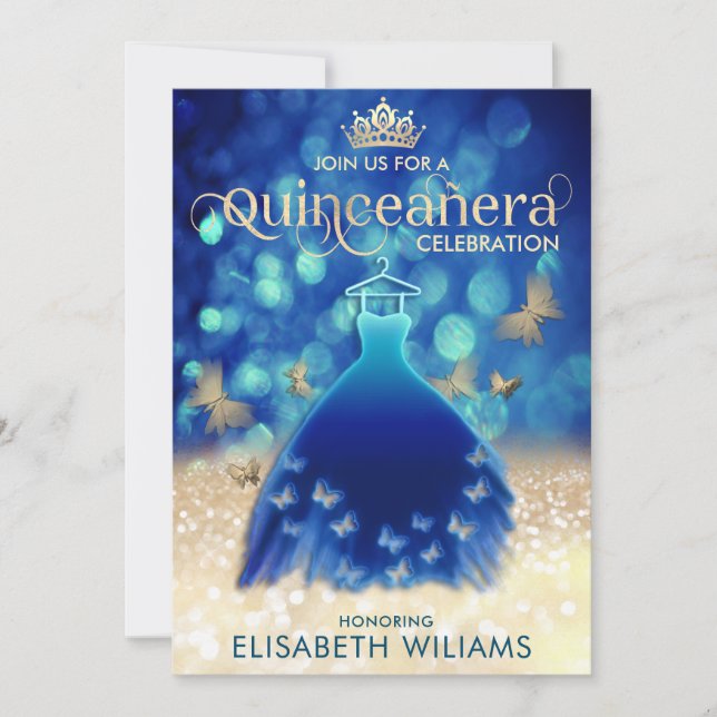 Invitación Ropa de mariposa de oro azul Quinceañera (Anverso)