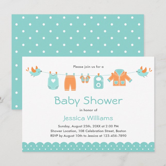 Invitación Ropa de Naranja azul lindo | Boy Baby Shower (Anverso / Reverso)