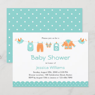 Invitación Ropa de Naranja azul lindo   Boy Baby Shower