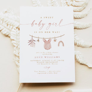 Invitación Ropa de niña bebé rosa Boho Clothesline Baby Showe