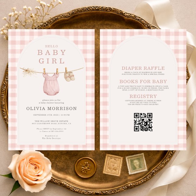 Invitación Ropa de niña bebé todo en uno Línea Rosa Beige (Subido por el creador)