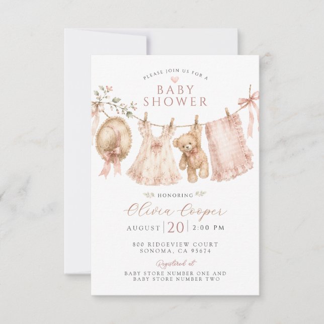 Invitación Ropa de niña boho para bebé en rosa rubor para bab (Anverso)