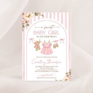 Invitación Ropa de niña dulce Flores en el tendedero Baby Sho