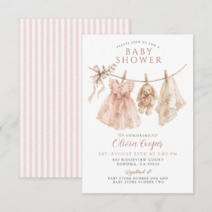 Invitación Ropa de niña en tendedero Boho Rosa Beige Baby Sho