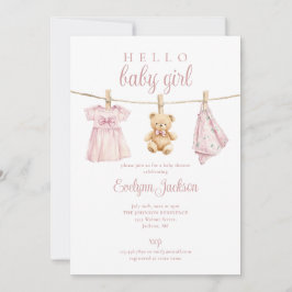 Invitación Ropa de niña rosa en tendedero Baby Shower Todo En