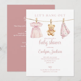 Invitación Ropa de niña rosa en tendedero Baby Shower Todo En