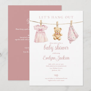 Invitación Ropa de niña rosa en tendedero Baby Shower Todo En