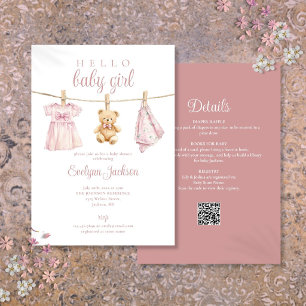 Invitación Ropa de niña rosa en tendedero Baby Shower Todo en