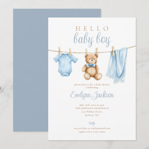 Invitación Ropa de Niño Azul Bonito para Baby Shower