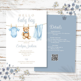 Invitación Ropa de Niño Azul Línea de Bebé Shower Todo en Uno