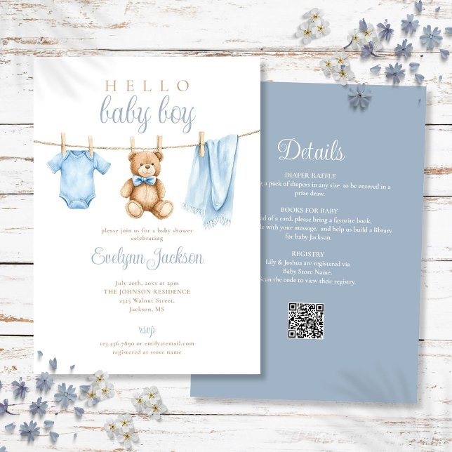 Invitación Ropa de Niño Azul Línea de Bebé Shower Todo en Uno (Blue Boy Clothesline Baby Shower All In One Invitation)