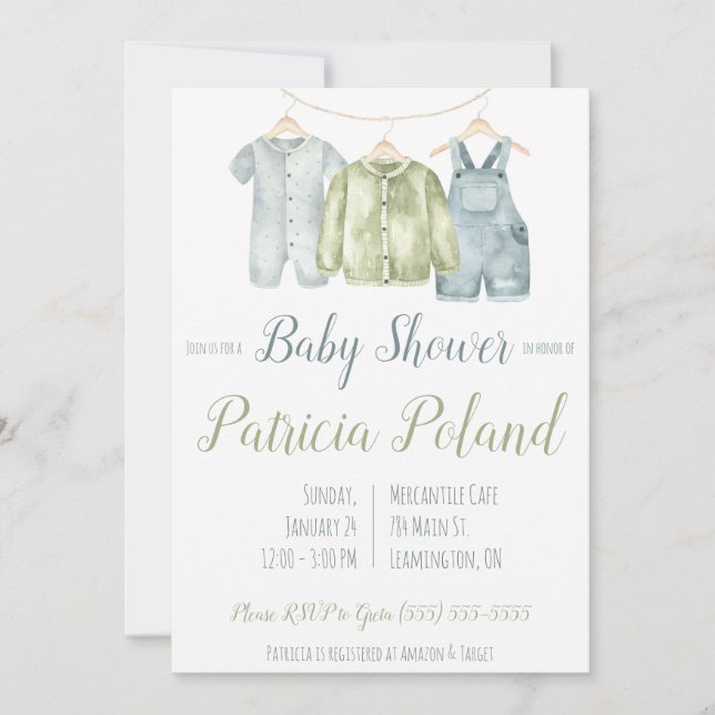 Invitación Ropa de niño bebé en Baby Shower en línea de ropa (Anverso)