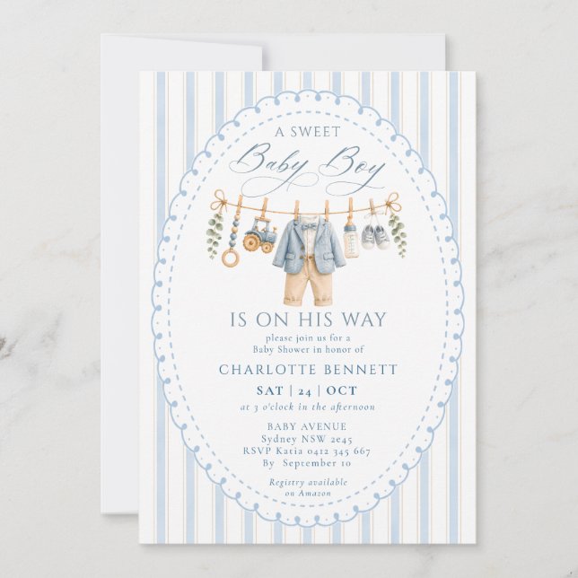 Invitación Ropa de Niño Dulce Ropa de Bebe Cumpleaños  (Anverso)