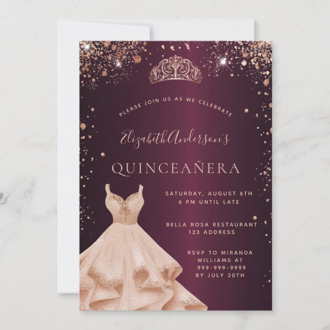 Invitación Ropa de oro de rosa burdeos de Quinceanera (Anverso)
