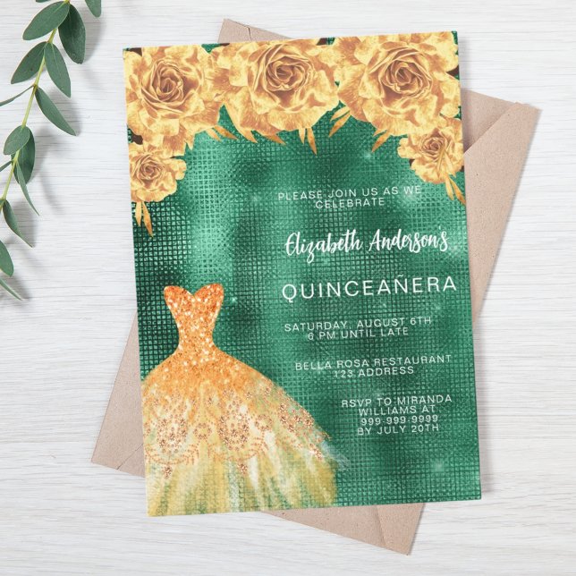 Invitación Ropa de oro verde esmeralda floral Quinceanera (Subido por el creador)