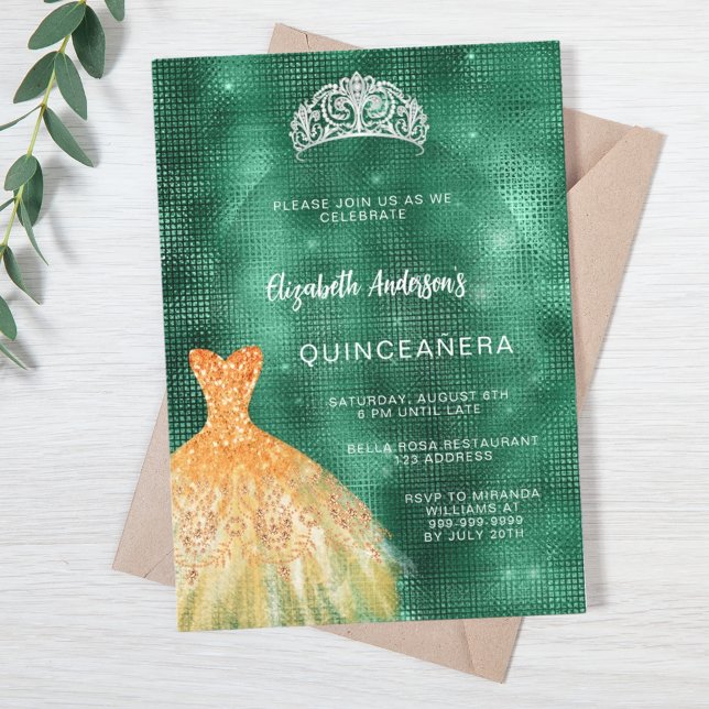 Invitación Ropa de oro verde esmeralda tiara Quinceanera (Subido por el creador)
