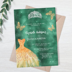 Invitación Ropa de oro verde esmeralda tiara Quinceanera