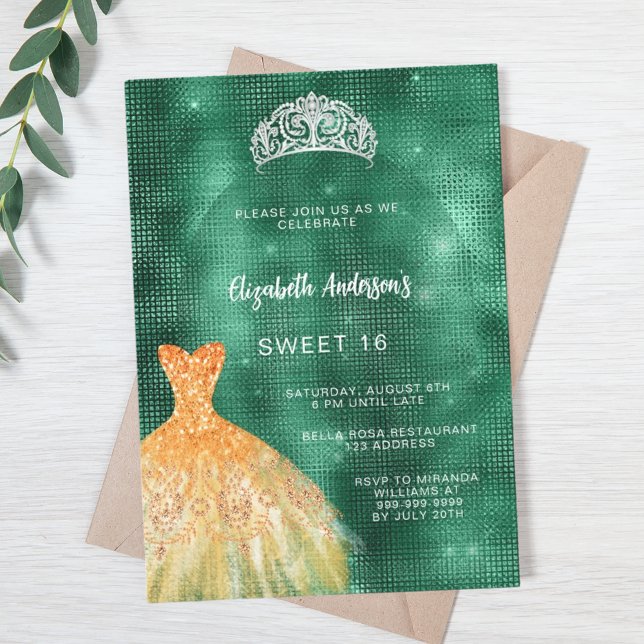 Invitación Ropa de oro verde esmeralda tiara Sweet 16 (Subido por el creador)