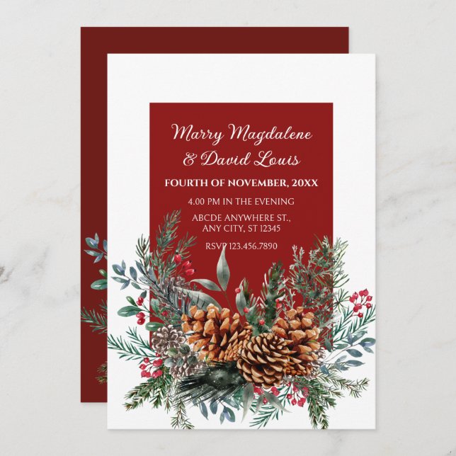 Invitación Ropa de pino floral roja decoración boda foto (Anverso / Reverso)