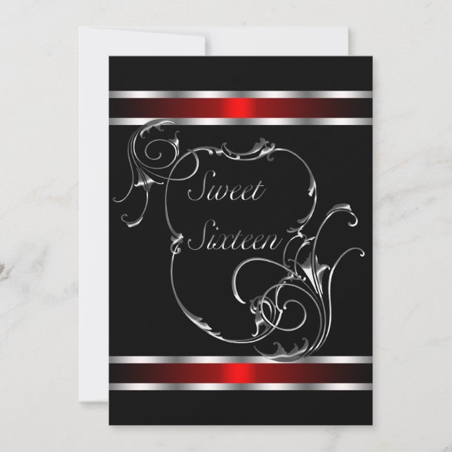Invitación Ropa de Plata Negro Rojo Elegante Dieciséis (Anverso)