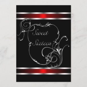 Invitación Ropa de Plata Negro Rojo Elegante Dieciséis