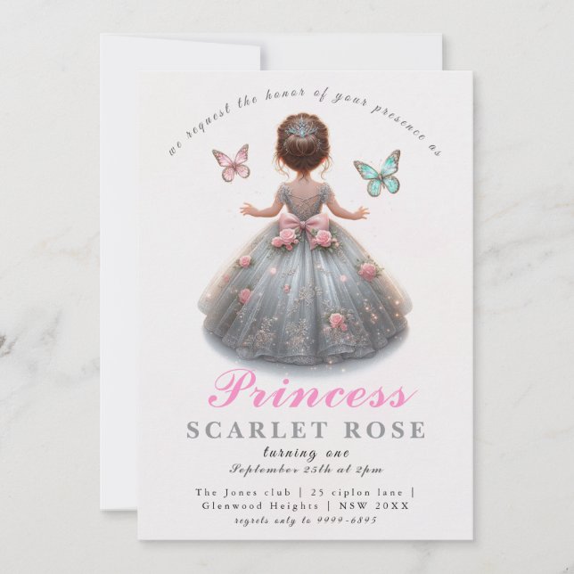 Invitación Ropa de plata rosa vestido Fairytale fiesta de cum (Anverso)