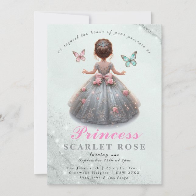 Invitación Ropa de plata rosa vestido Fairytale fiesta de cum (Anverso)