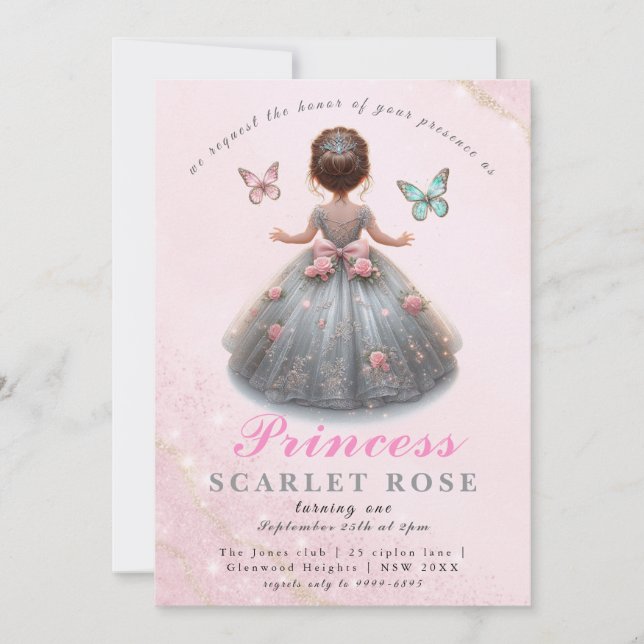 Invitación Ropa de plata rosa vestido Fairytale fiesta de cum (Anverso)