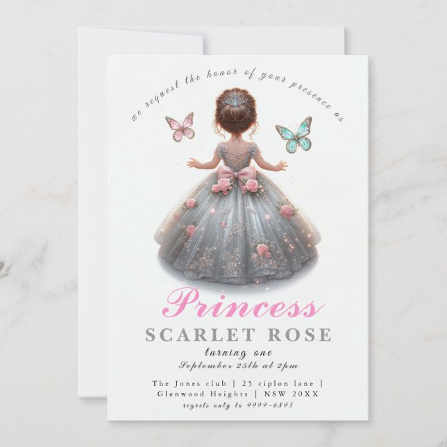 Invitación Ropa de plata rosa vestido Fairytale fiesta de cum (Anverso)