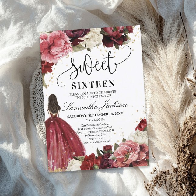 Invitación Ropa de princesa de flores de marrón de Rubor (Blush burgundy maroon flowers princess dress invitation)