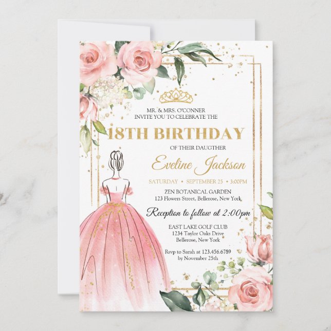 Invitación Ropa de princesa rosa floral de Rubor tiara 18 (Anverso)