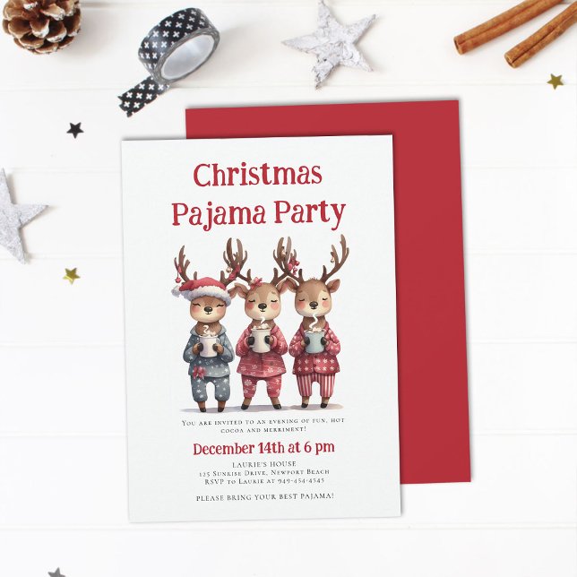 Invitación Ropa de reno divertida para Fiesta Pajama (christmas pajama party invitation funny reindeer hot cocoa pj sleepwear sleepover teens kids cute)