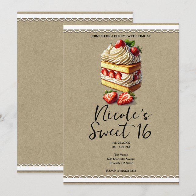 Invitación Ropa de tarta de fresa dulce 16 cumpleaños (Anverso / Reverso)