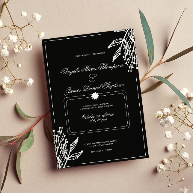 Invitación Ropa floral blanca geométrica minimalista (Minimalist geometric black white floral weddding invitation )