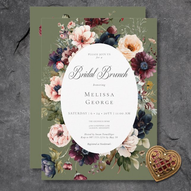 Invitación Ropa floral de color verde oscuro brunch (Dark Green Oval Floral Frame Bridal Brunch Invitation)