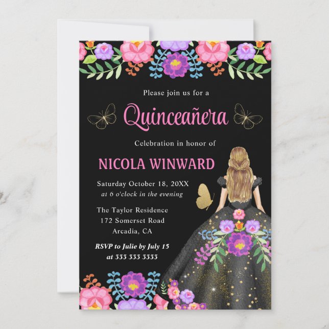 Invitación Ropa floral mexicana Quinceanera (Anverso)